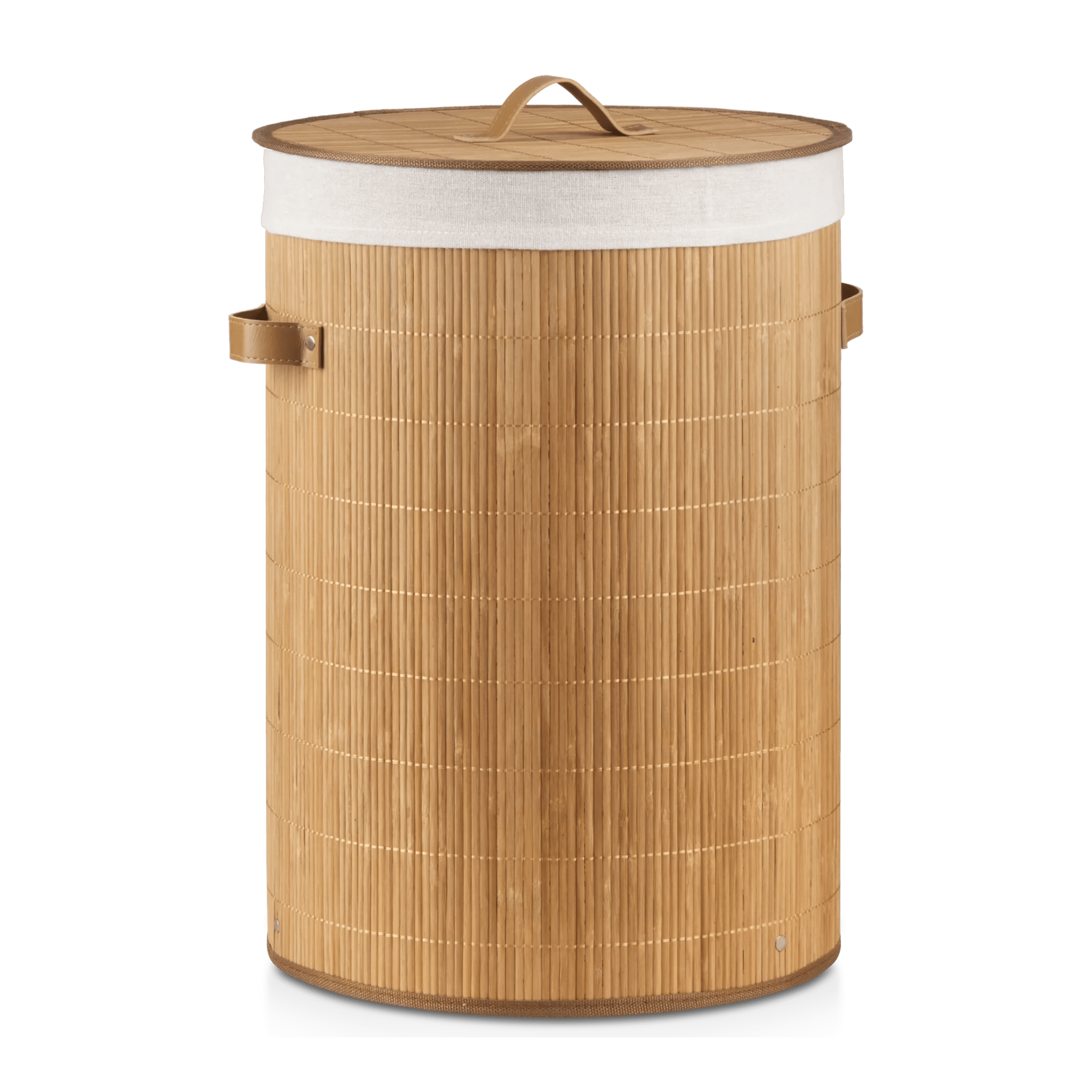 Round Bamboo Hamper with Lining and Faux Leather Handles mysite