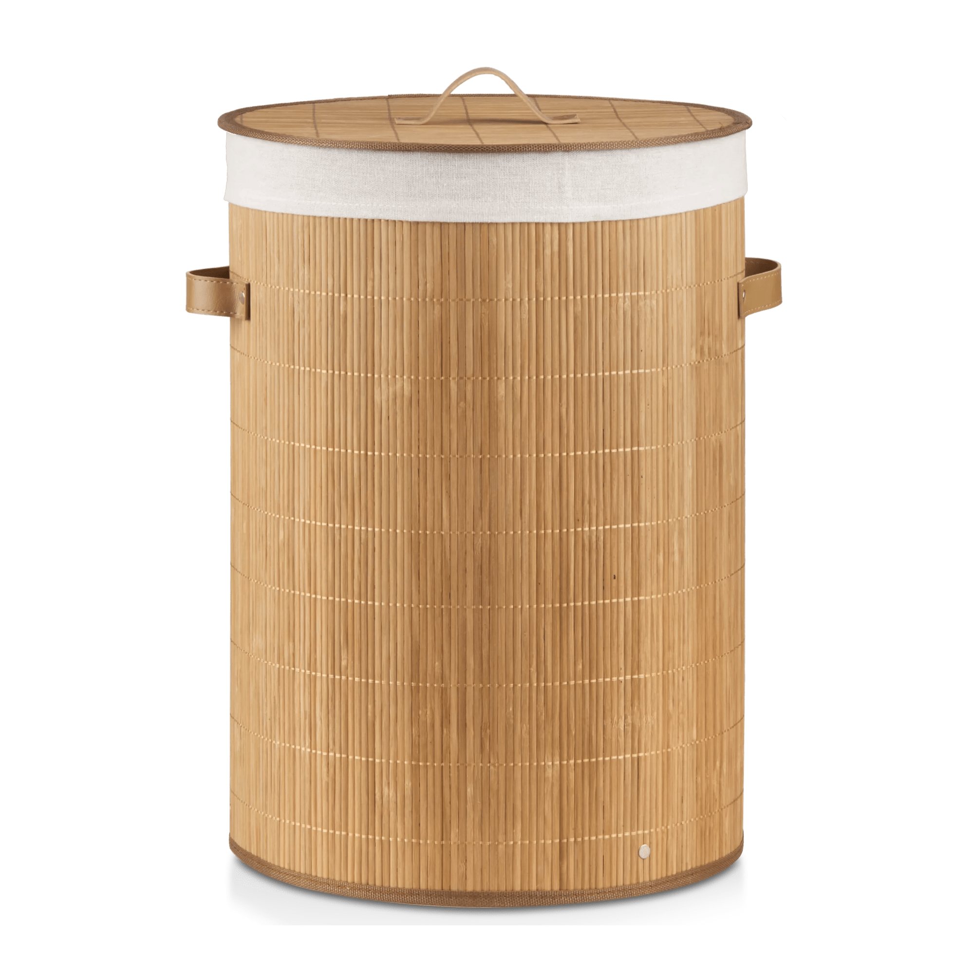 Round Bamboo Hamper with Lining and Faux Leather Handles mysite