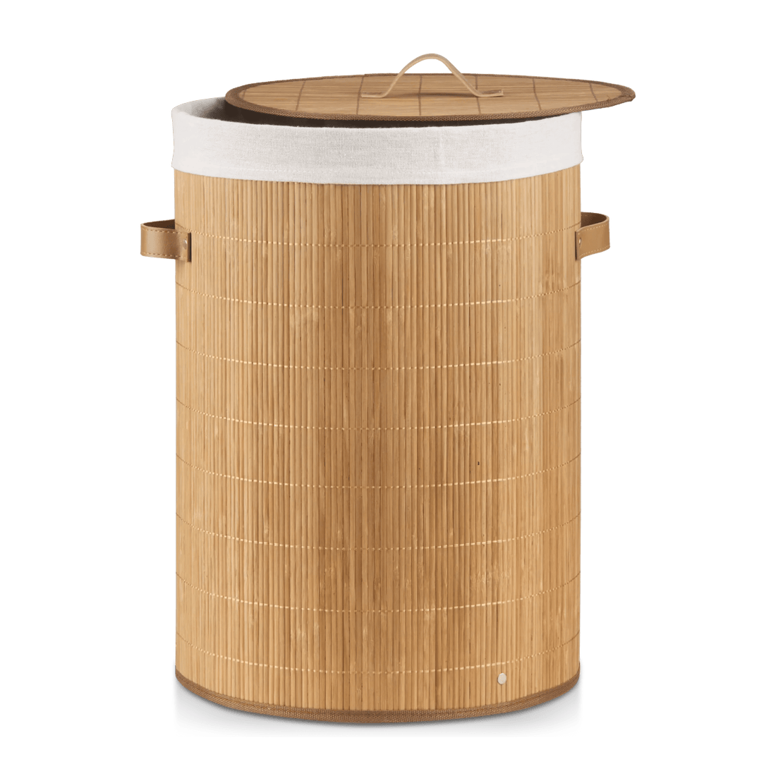 Round Bamboo Hamper with Lining and Faux Leather Handles mysite